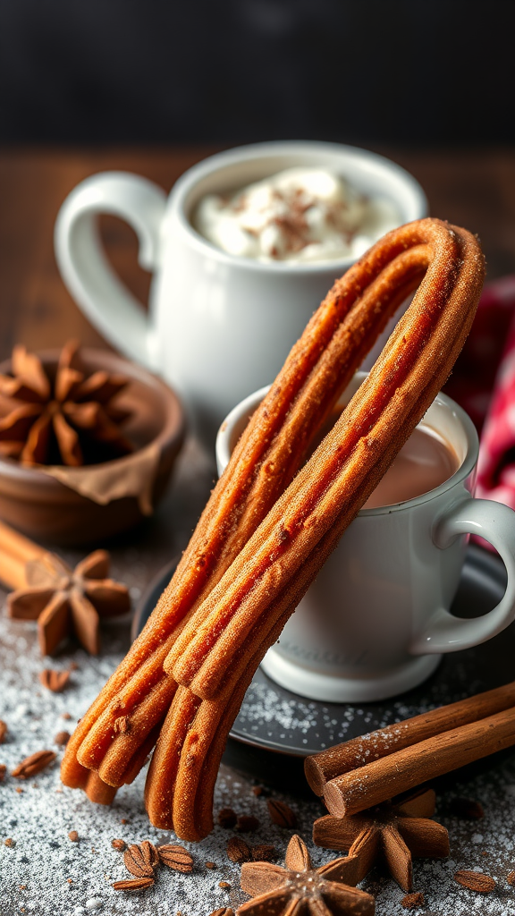 A close-up of spicy cinnamon chocolate churros next to cups of hot chocolate and spices, showcasing unique churro flavors.