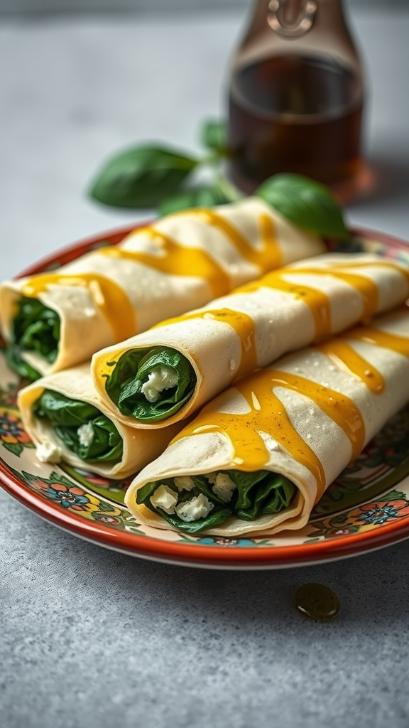 Delicious spinach and feta crepes served on a decorative plate.