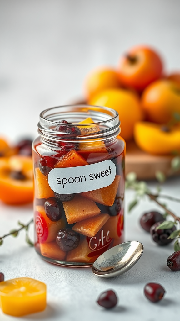 A jar of spoon sweet preserved fruit with colorful fruits in syrup.