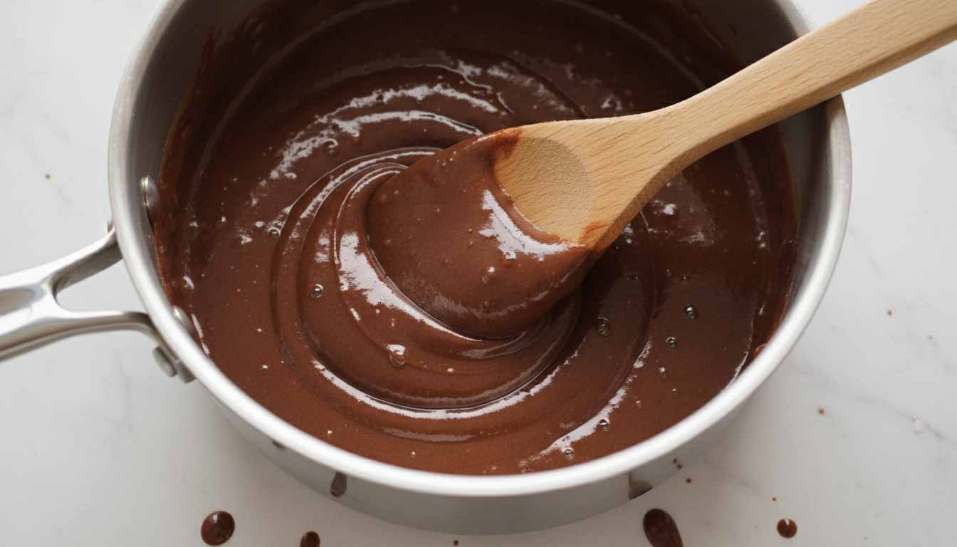 Stirring classic Brazilian brigadeiro in a saucepan — thick glossy chocolate condensed milk mixture being cooked until thickened