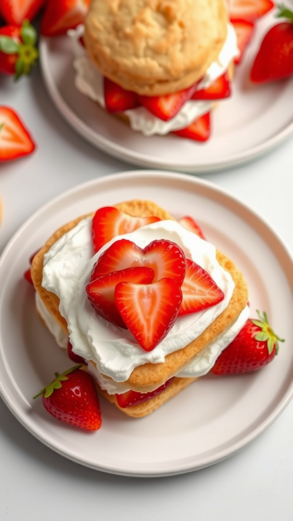 Strawberry shortcake hearts with fresh strawberries and whipped cream