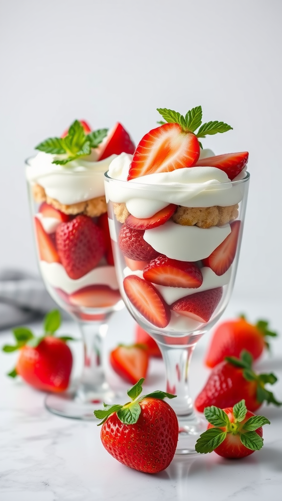 Strawberry shortcake parfaits in clear glasses topped with fresh strawberries and mint.