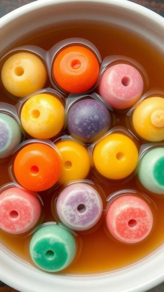 Colorful Tang Yuan in a bowl of sweet syrup