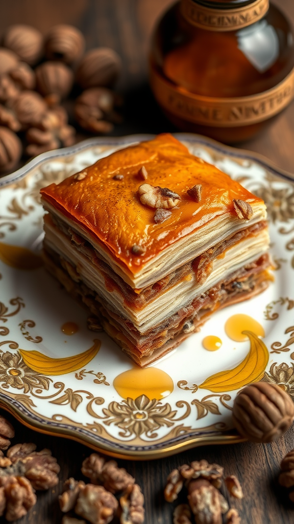 A beautifully layered piece of baklava on a decorative plate, surrounded by nuts.