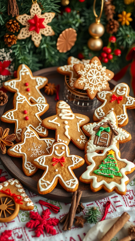 A variety of beautifully decorated gingerbread cookies arranged on a wooden platter, surrounded by festive decorations.