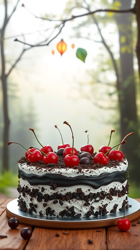 A beautifully decorated Black Forest Cake with cherries on top, set in a serene natural backdrop.