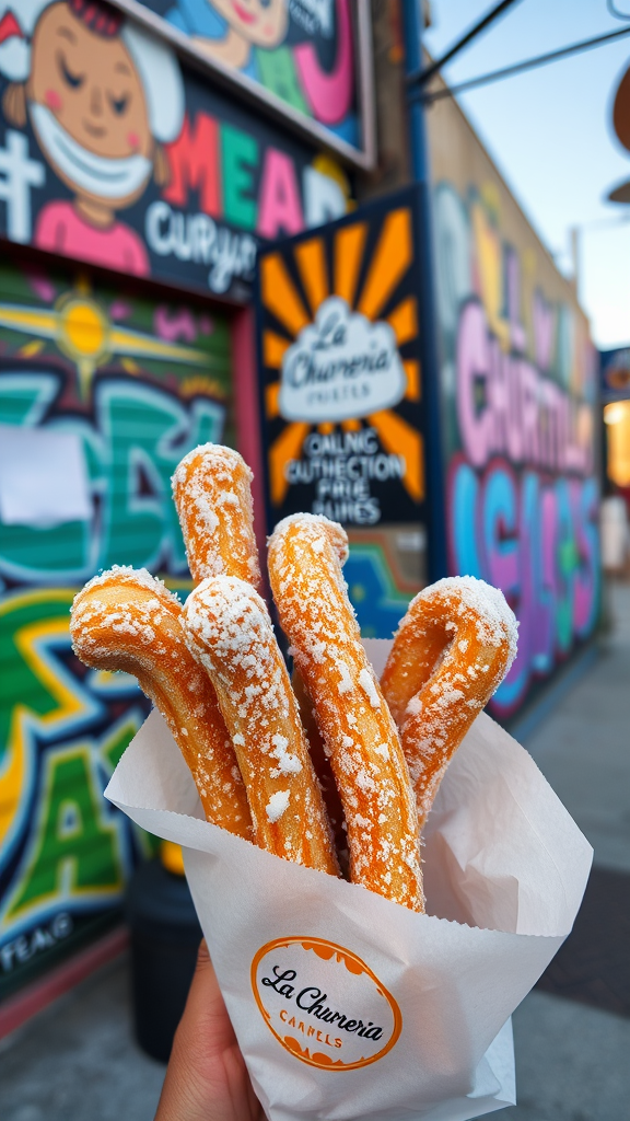 A hand holding a few churros dusted with sugar, against a colorful mural background.