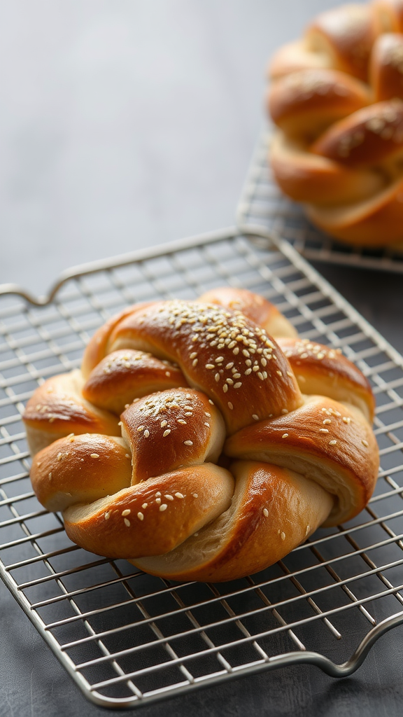 A beautifully braided sweet bread with a golden-brown crust and sesame seeds on top.