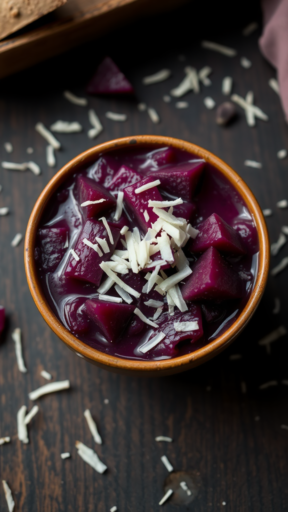 A bowl of Ube Halaya topped with shredded coconut.