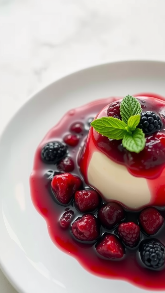 Vanilla bean panna cotta topped with berry compote and mint leaves