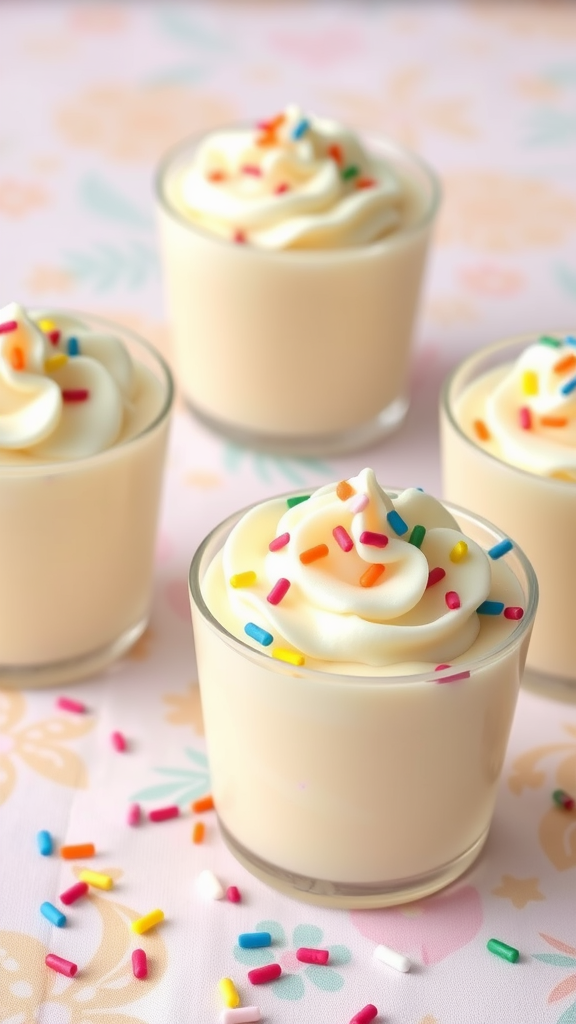 Delicious vanilla pudding cups topped with whipped cream and colorful sprinkles.