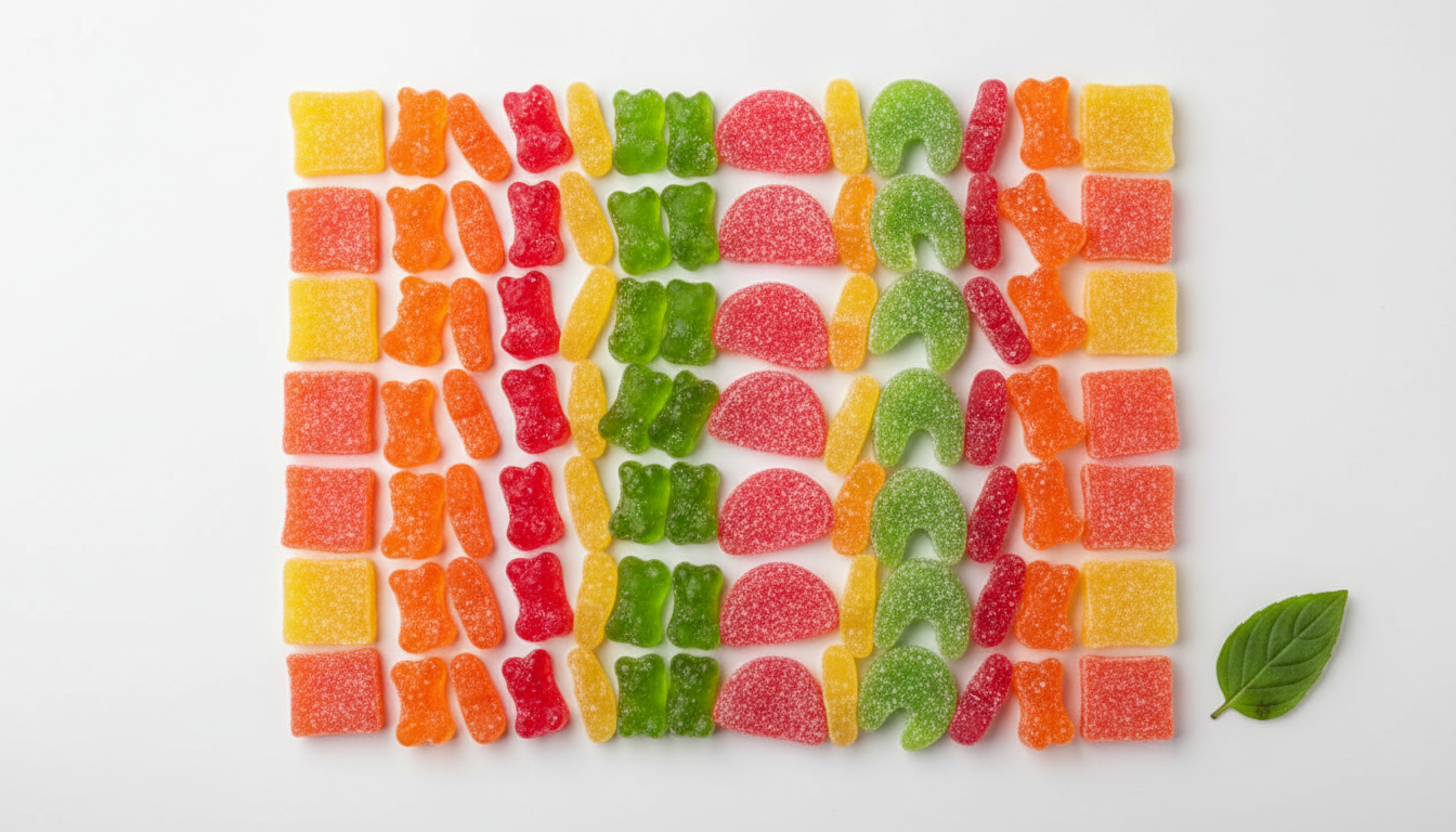 Assortment of vegan plant-based gummy candies and fruit chews arranged on a white background with a green leaf accent