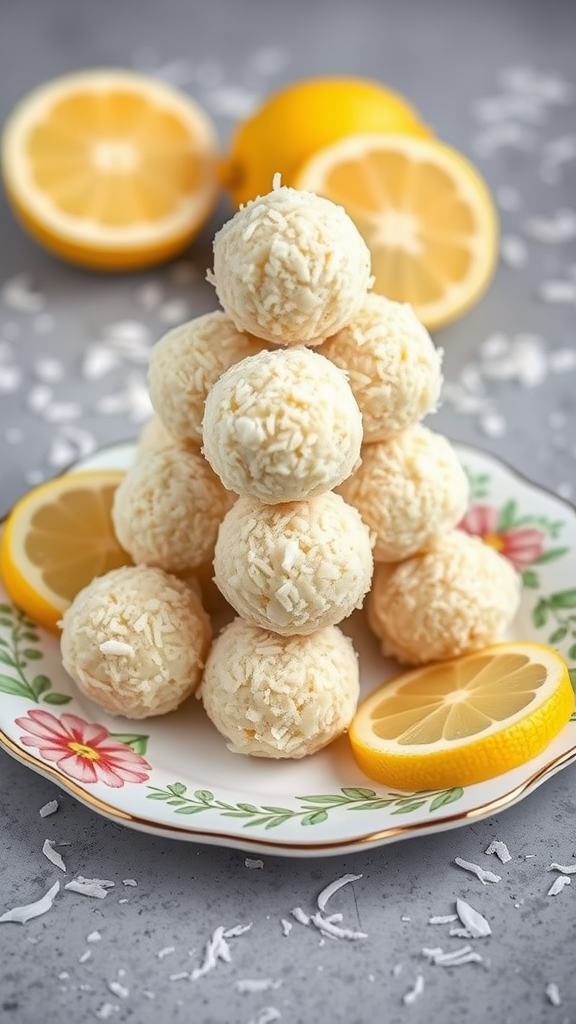 A plate of vegan lemon coconut bliss balls with lemon slices