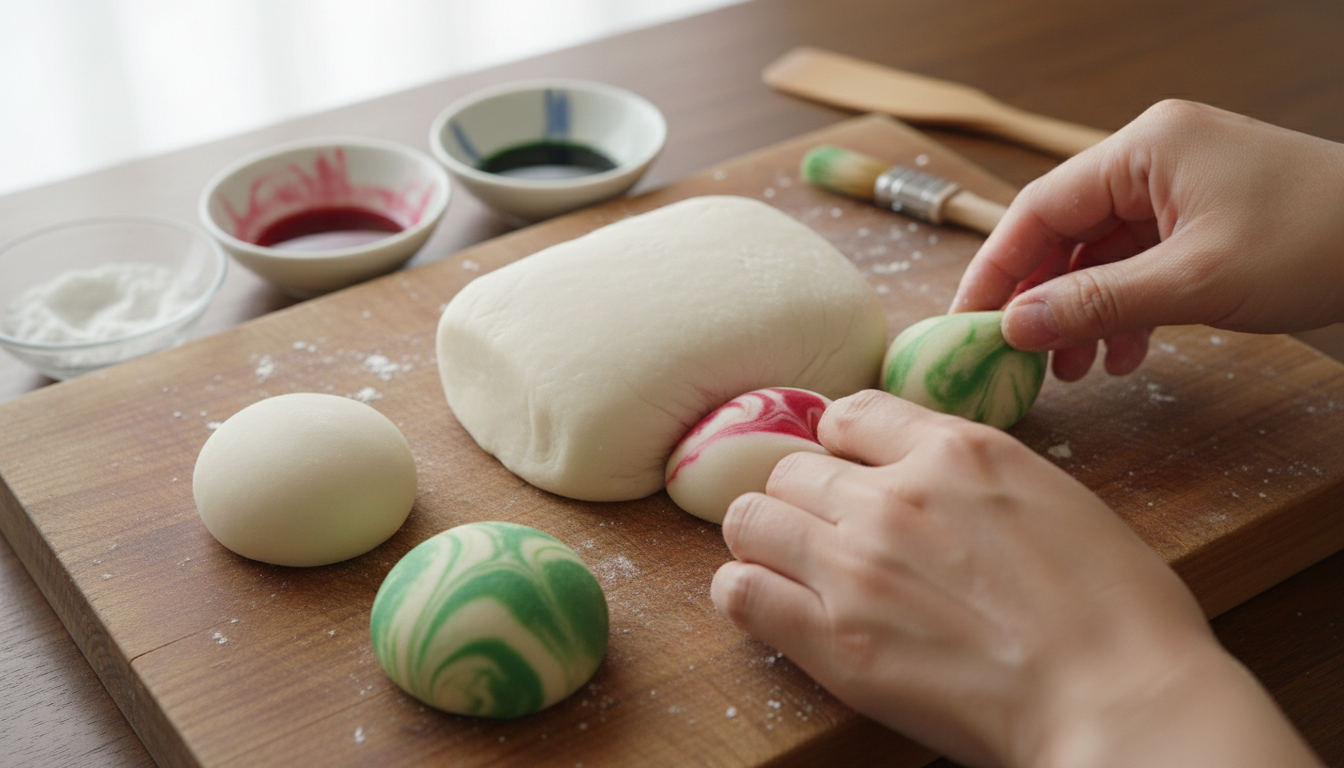 Nerikiri dough being divided and dyed with food coloring — p