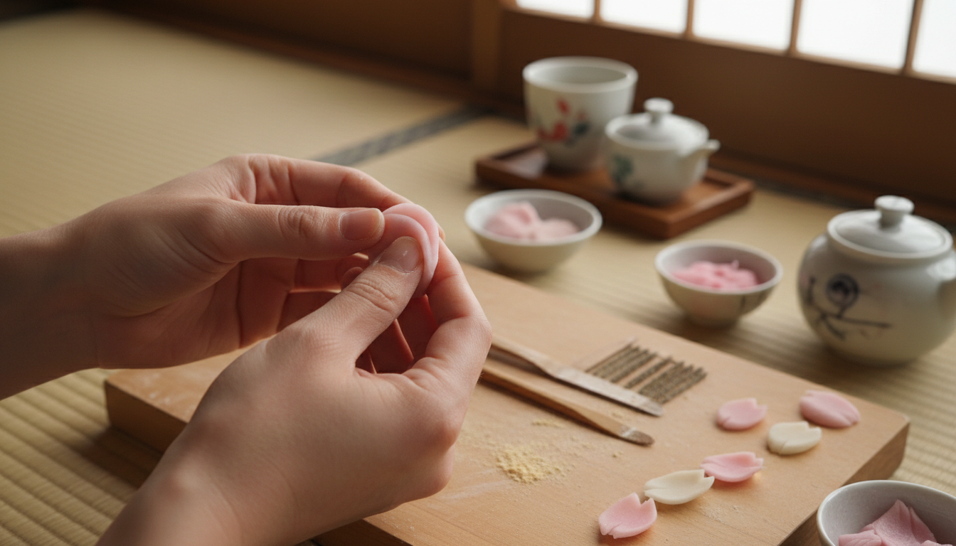 Hands shaping pink nerikiri into a cherry blossom petal form