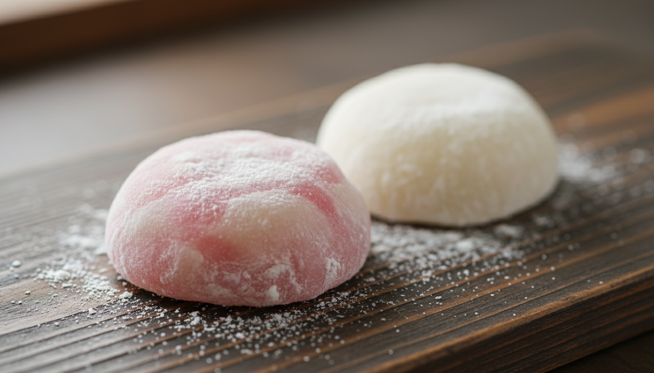 Close-up macro of pink and white Japanese mochi dusted with 