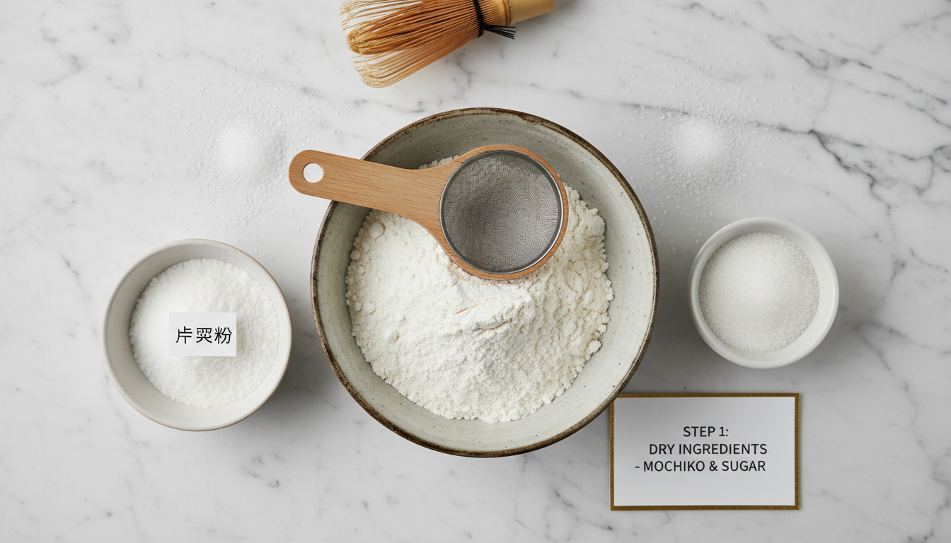 Step-by-step flat-lay: mochiko sweet rice flour in bowl, wat