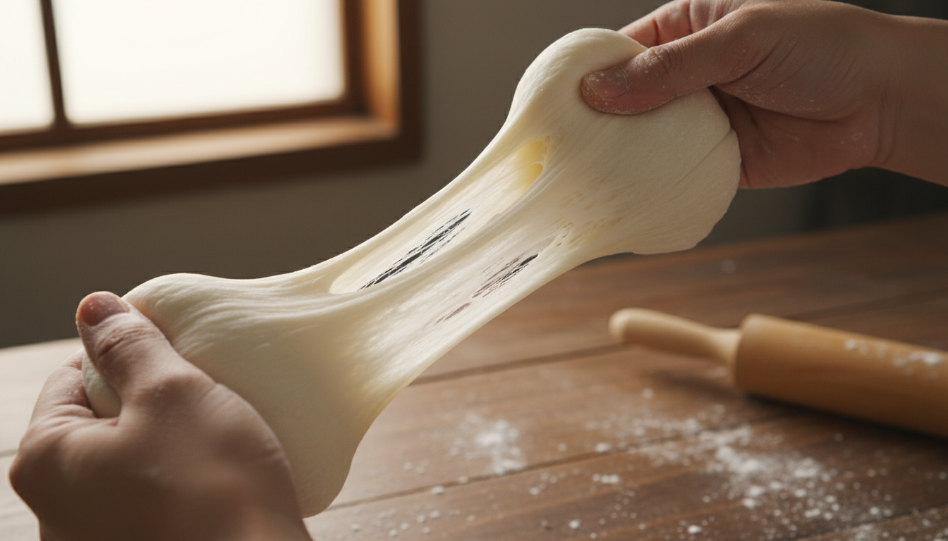 Hands stretching freshly made mochi dough, showing its chewy
