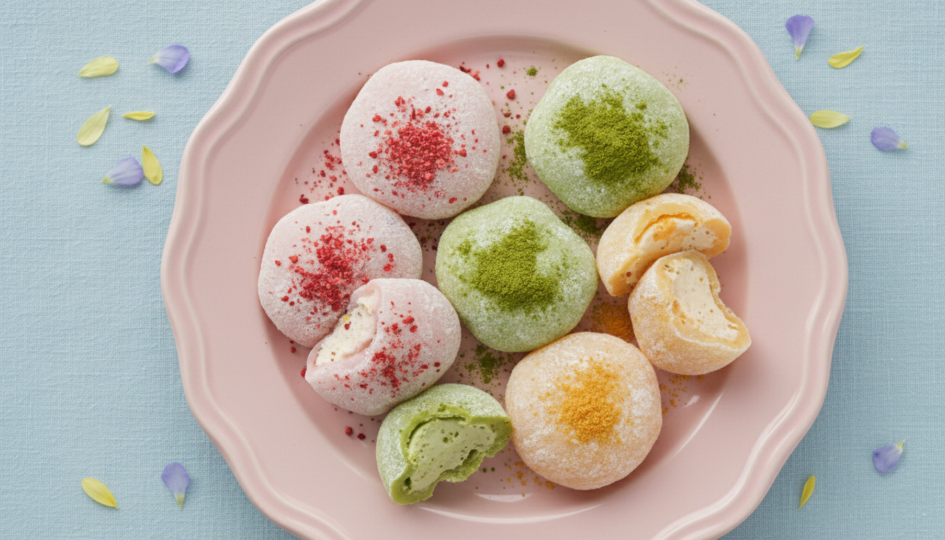 Assorted Japanese mochi ice cream flavors — strawberry, matc