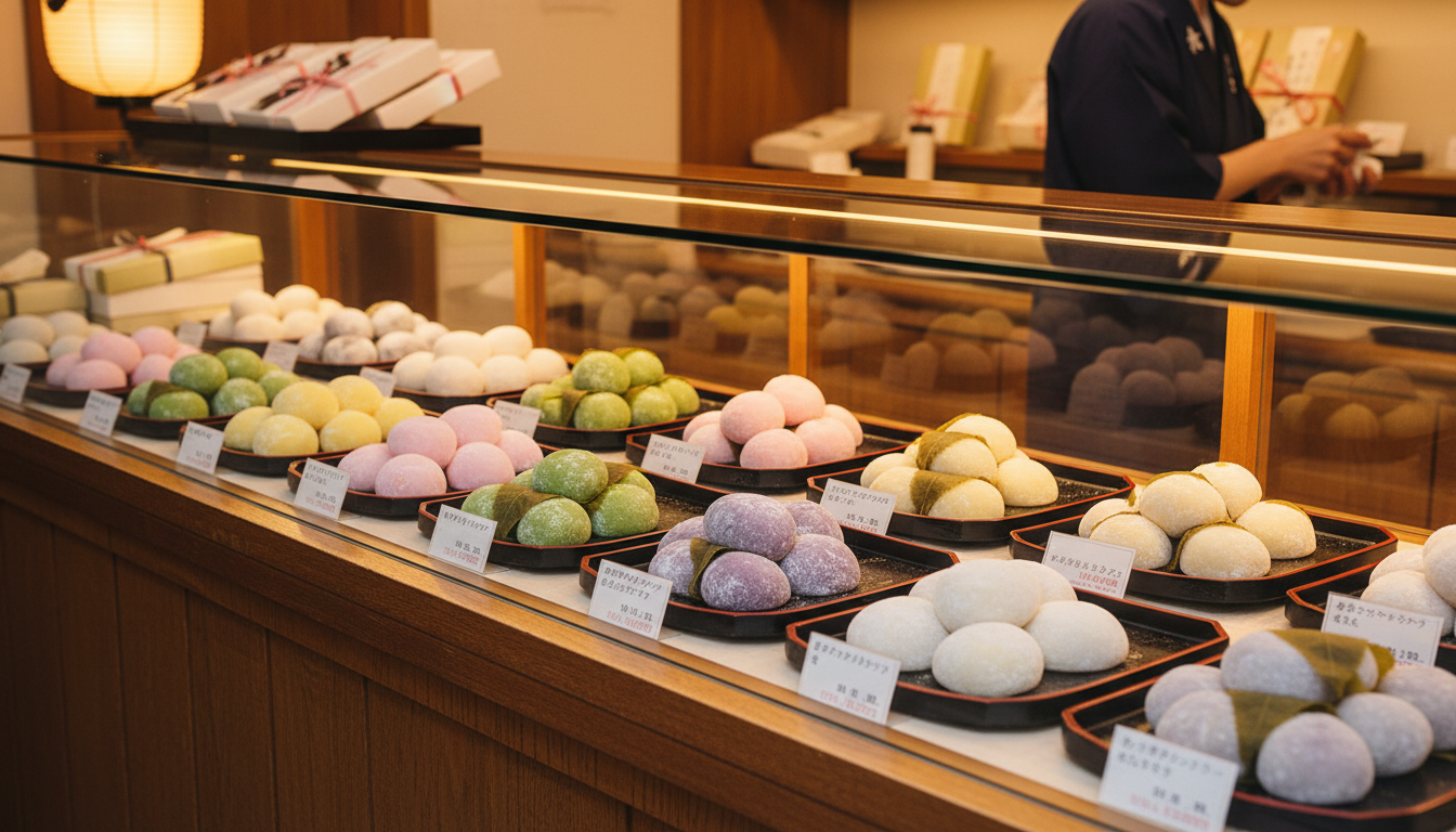 Traditional Japanese wagashi shop display with rows of color