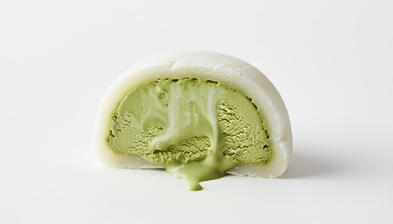 Cross-section cut of a mochi ice cream ball showing creamy f