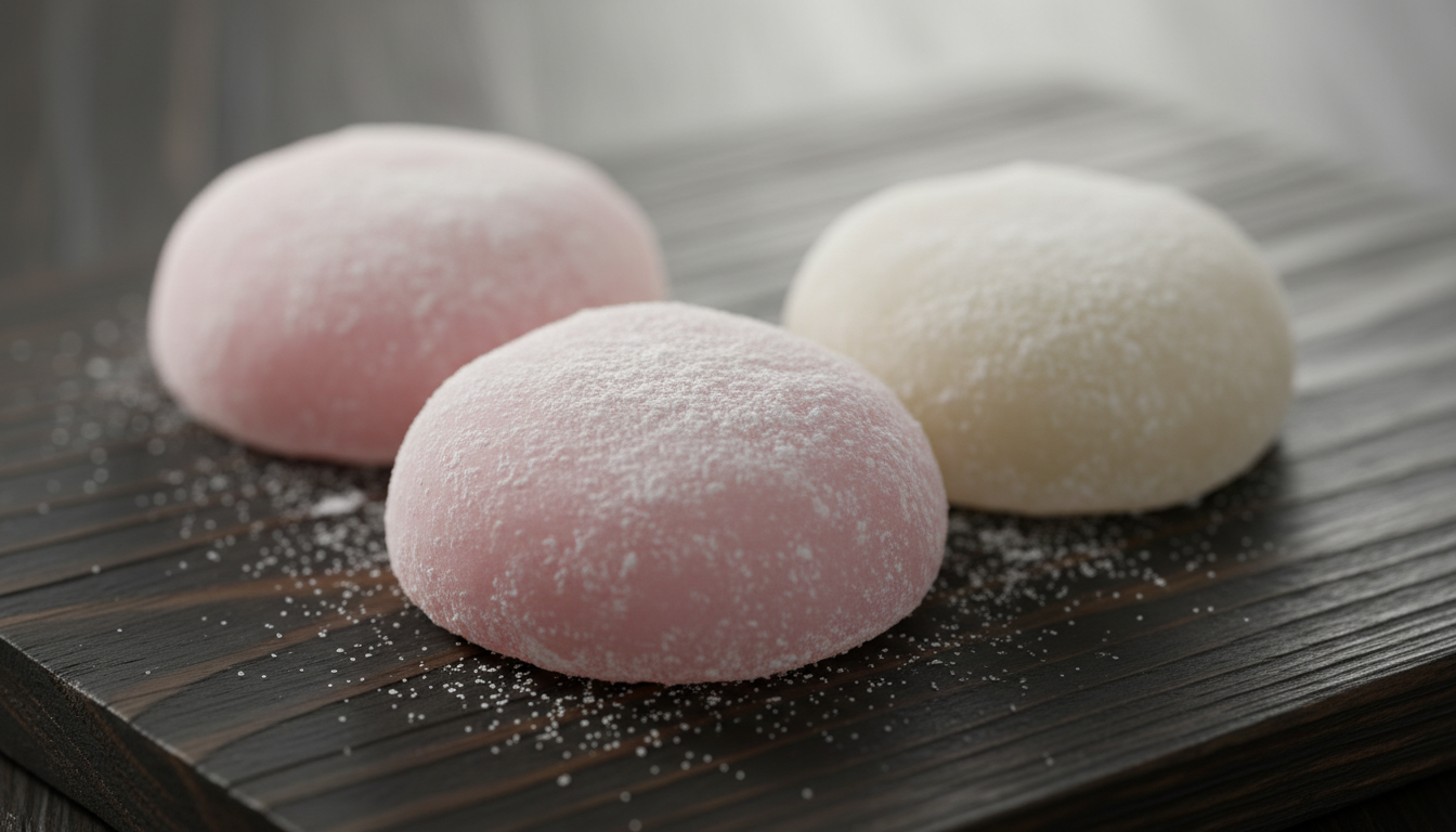 Close-up macro of pink and white Japanese mochi dusted with 