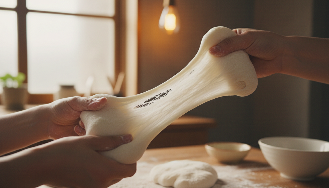 Hands stretching freshly made mochi dough, showing its chewy