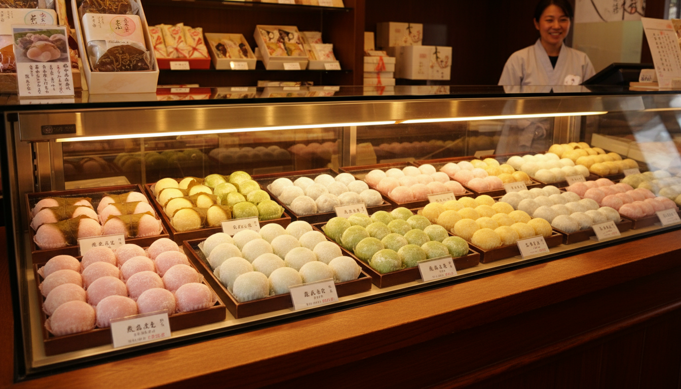 Traditional Japanese wagashi shop display with rows of color