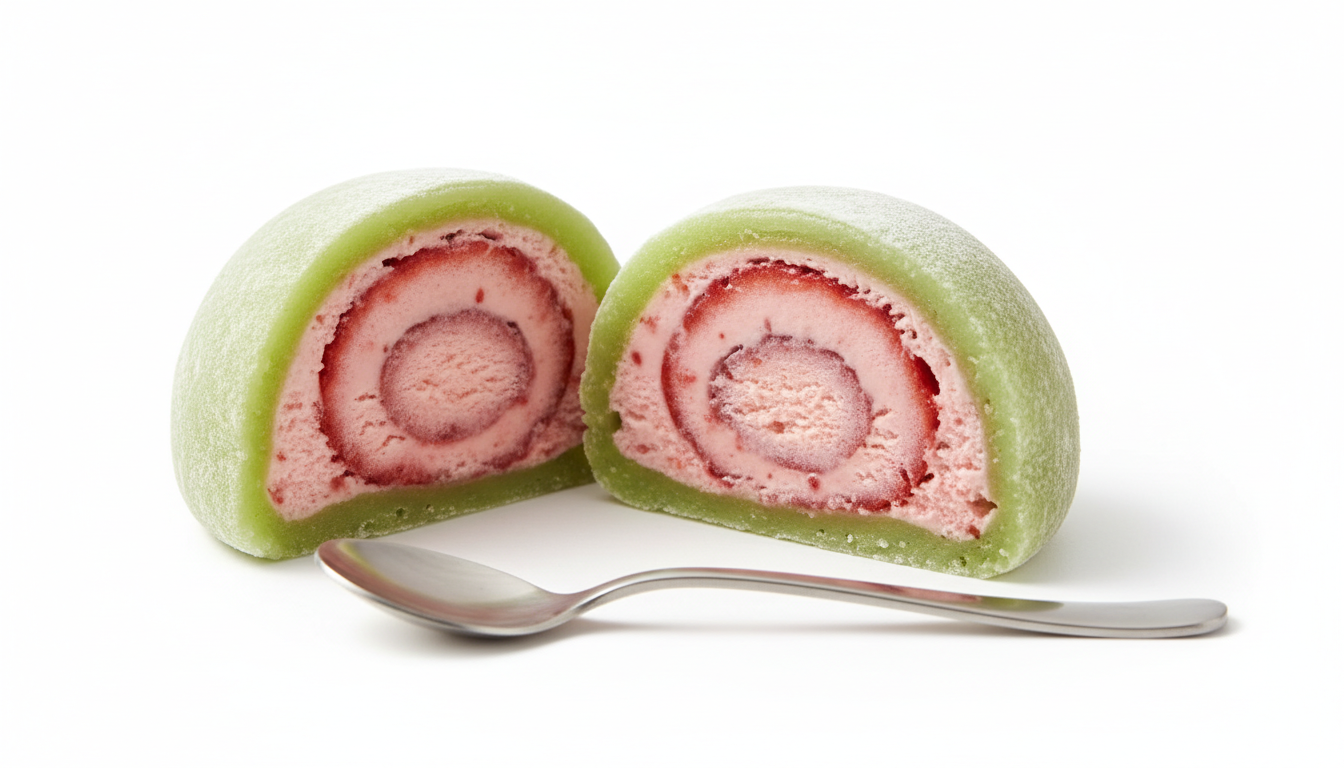 Cross-section cut of a mochi ice cream ball showing creamy f