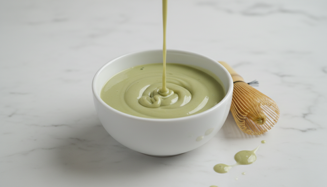 White chocolate matcha dipping sauce in a white bowl
