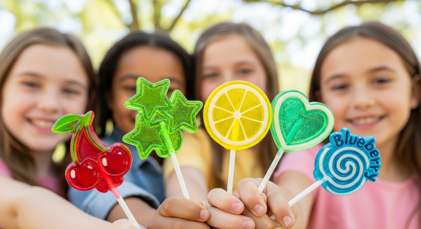 Children holding colorful lollipops outdoors.