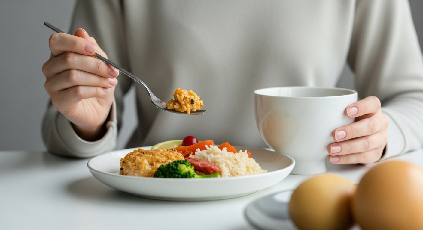Person eating a meal with rice