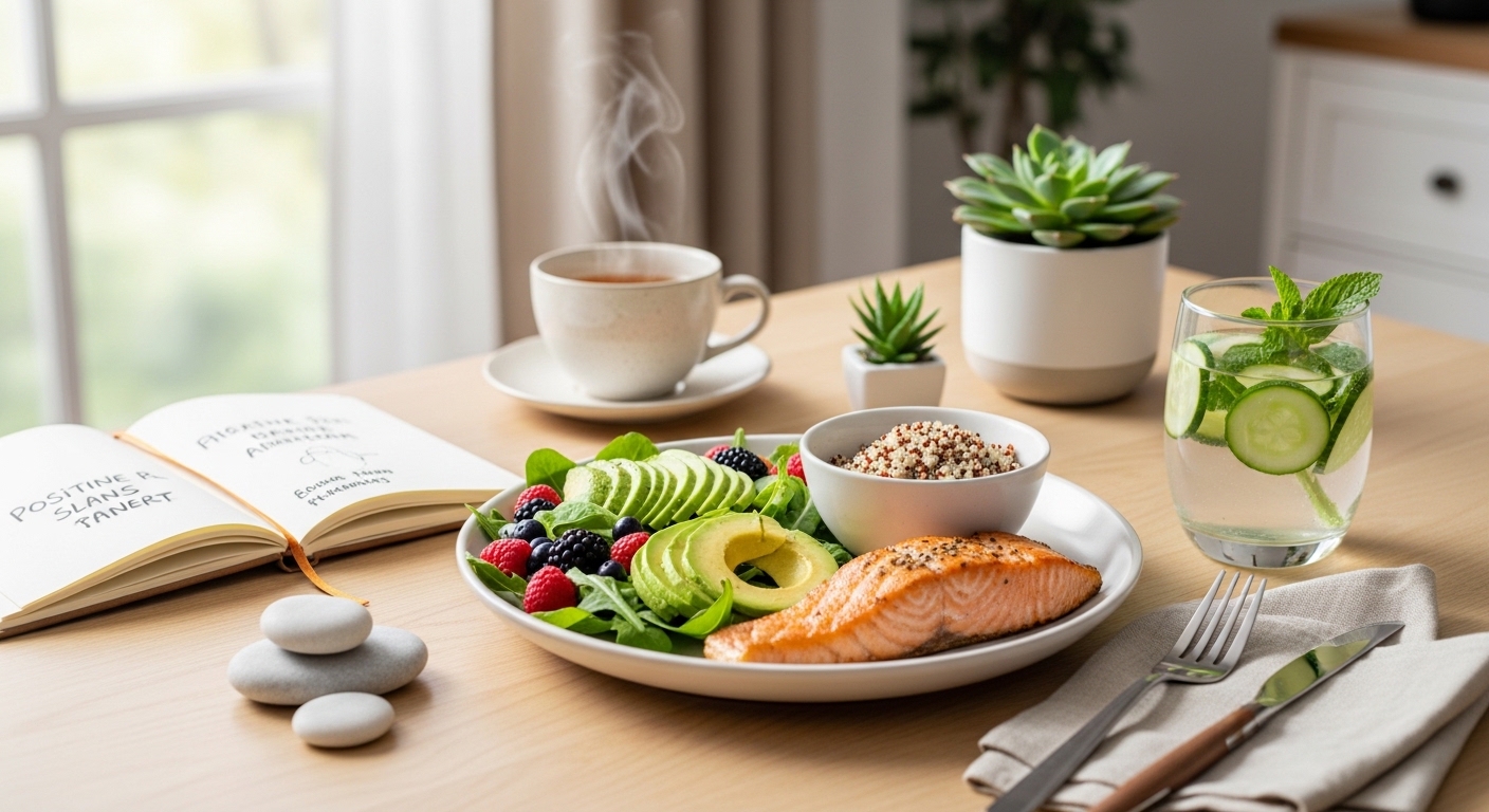 Healthy meal with salmon and vegetables