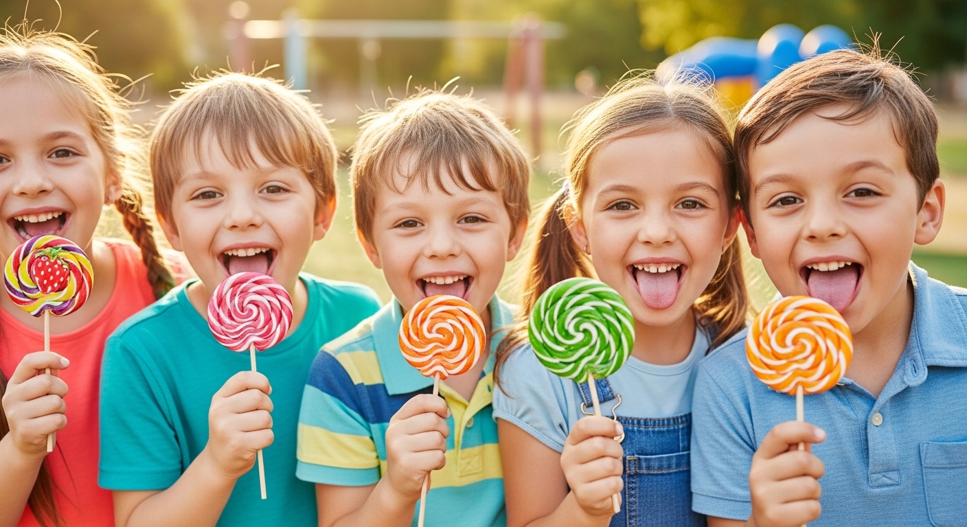 Children holding colorful lollipops outdoors.