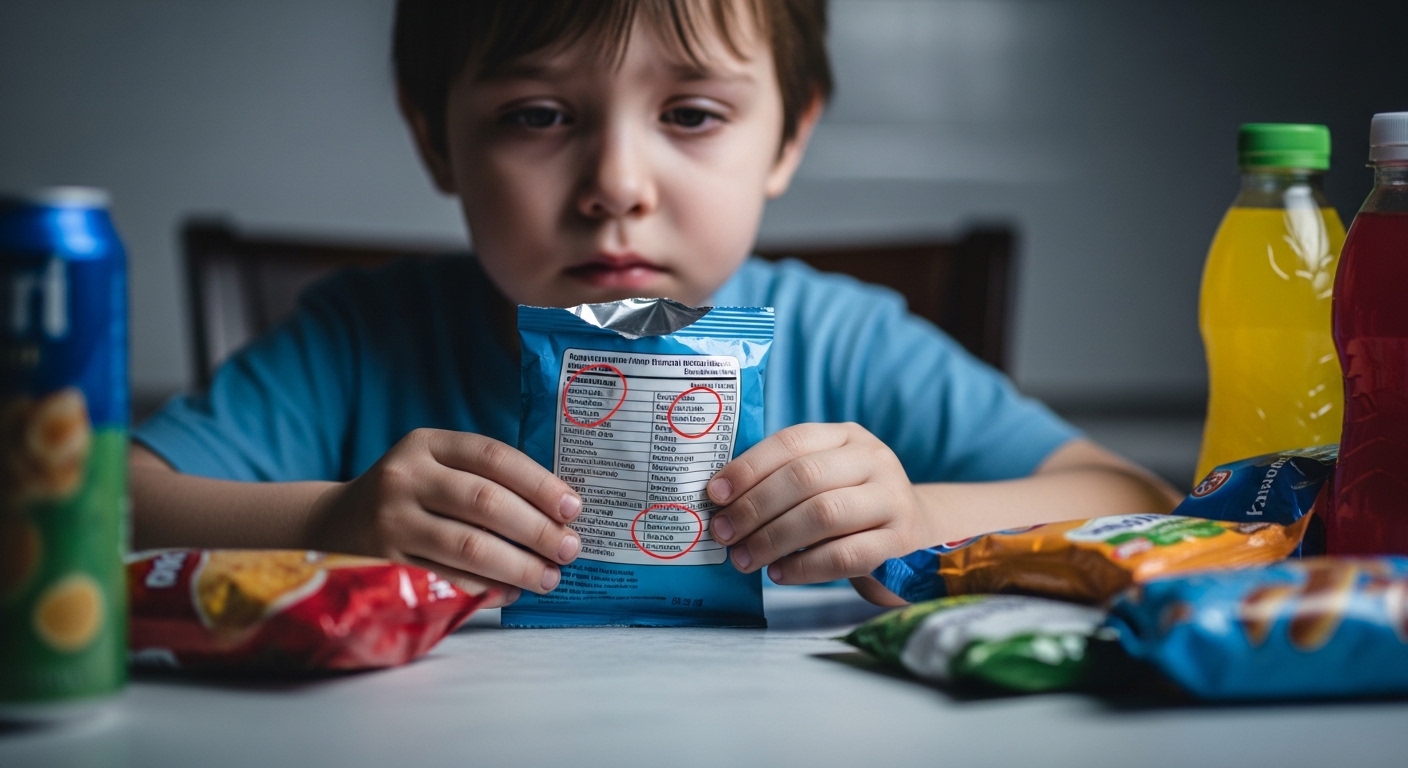Child examining snack packaging closely
