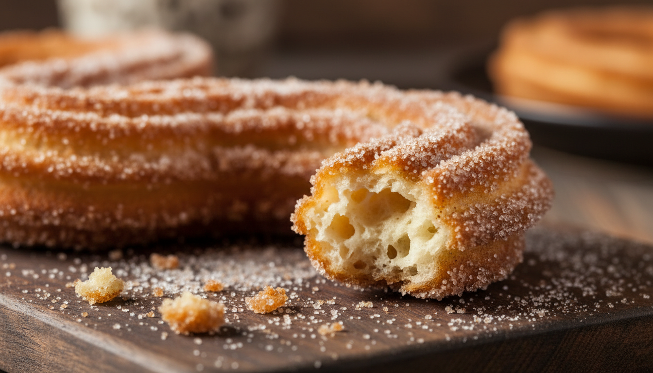 Close-up bite of air fryer churro showing soft fluffy interior and crispy cinnamon sugar exterior