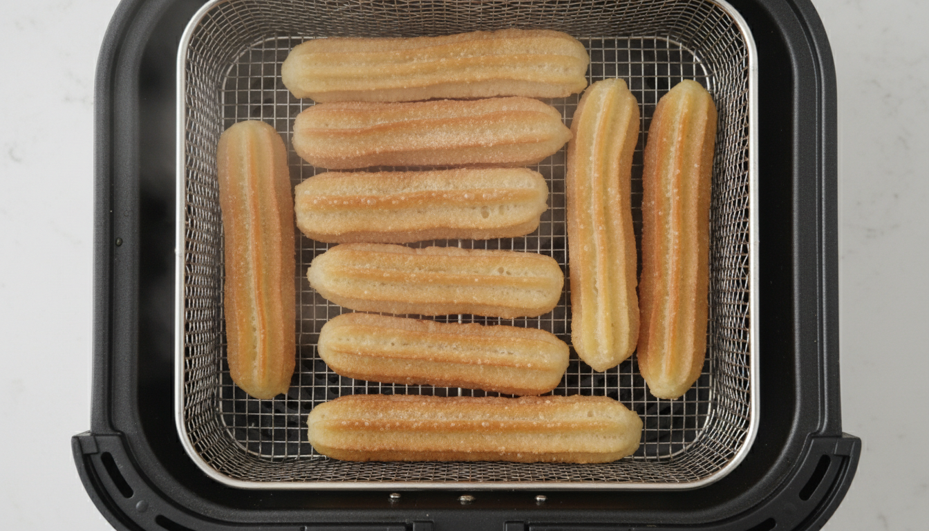 Air fryer churros basket mid-cook golden and puffed
