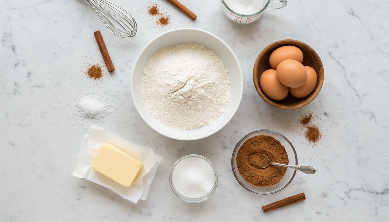 Air fryer churros recipe ingredients flat lay on white marble