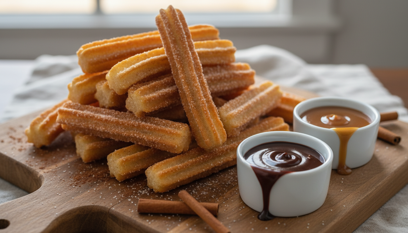 Air fryer churros plated with chocolate and caramel dipping sauces on rustic wooden board
