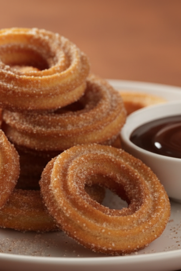 Crispy golden air fryer churros on a white plate with chocolate dipping sauce