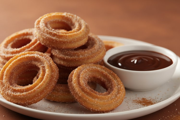 Crispy golden air fryer churros on a white plate with chocolate dipping sauce