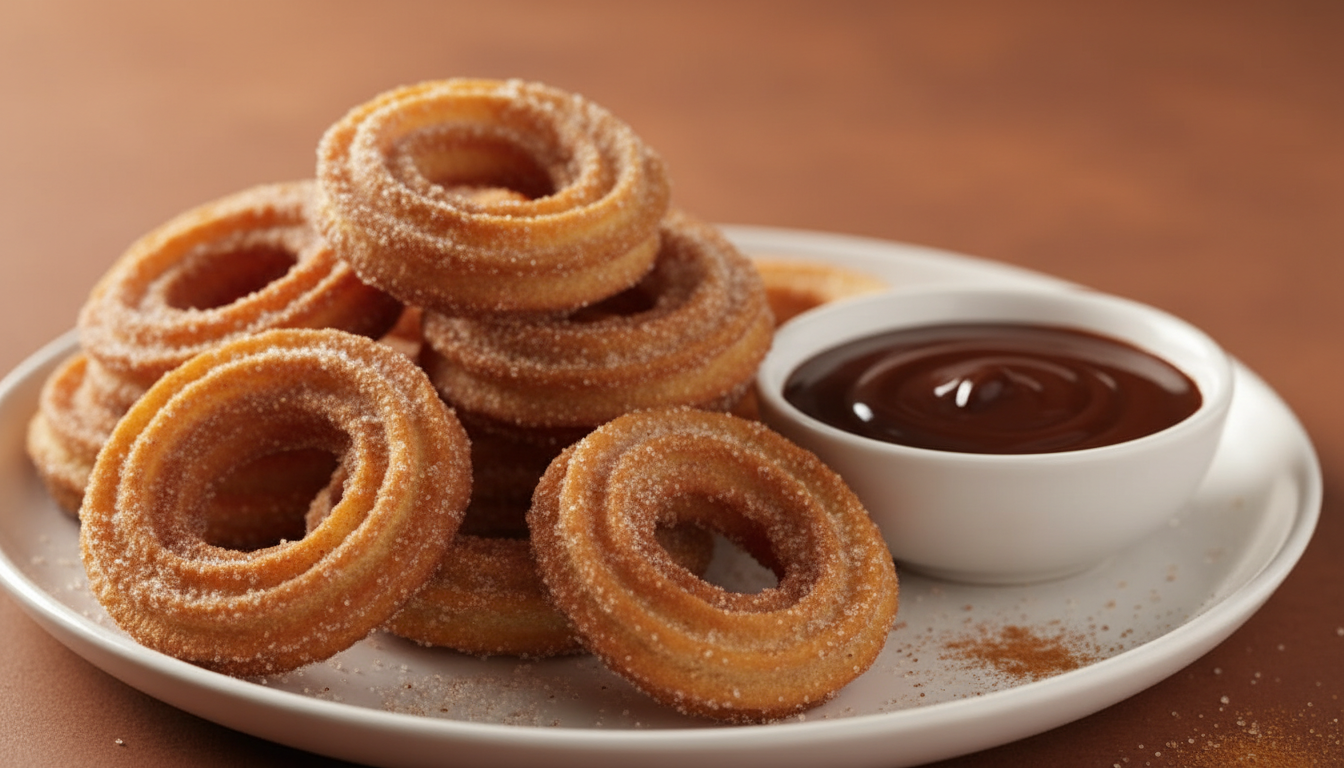 Crispy golden air fryer churros on a white plate with chocolate dipping sauce