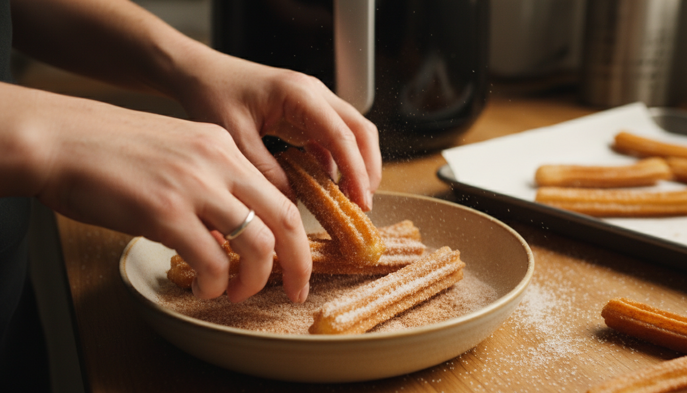 Freshly cooked air fryer churros being tossed in cinnamon sugar mixture