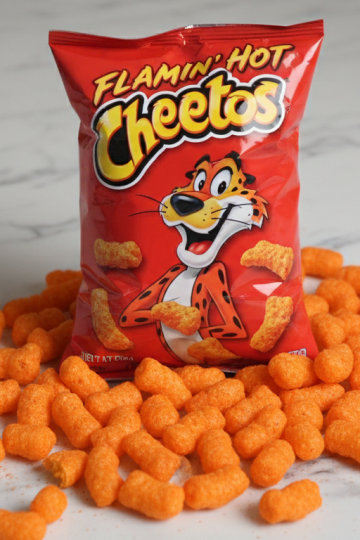 Flamin Hot Cheetos bag on white marble with scattered crunchy cheese puffs