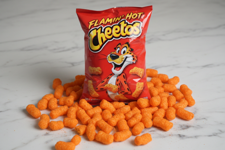 Flamin Hot Cheetos bag on white marble with scattered crunchy cheese puffs