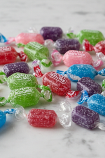 Colorful assorted Jolly Rancher hard candies scattered on white marble