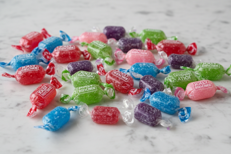 Colorful assorted Jolly Rancher hard candies scattered on white marble
