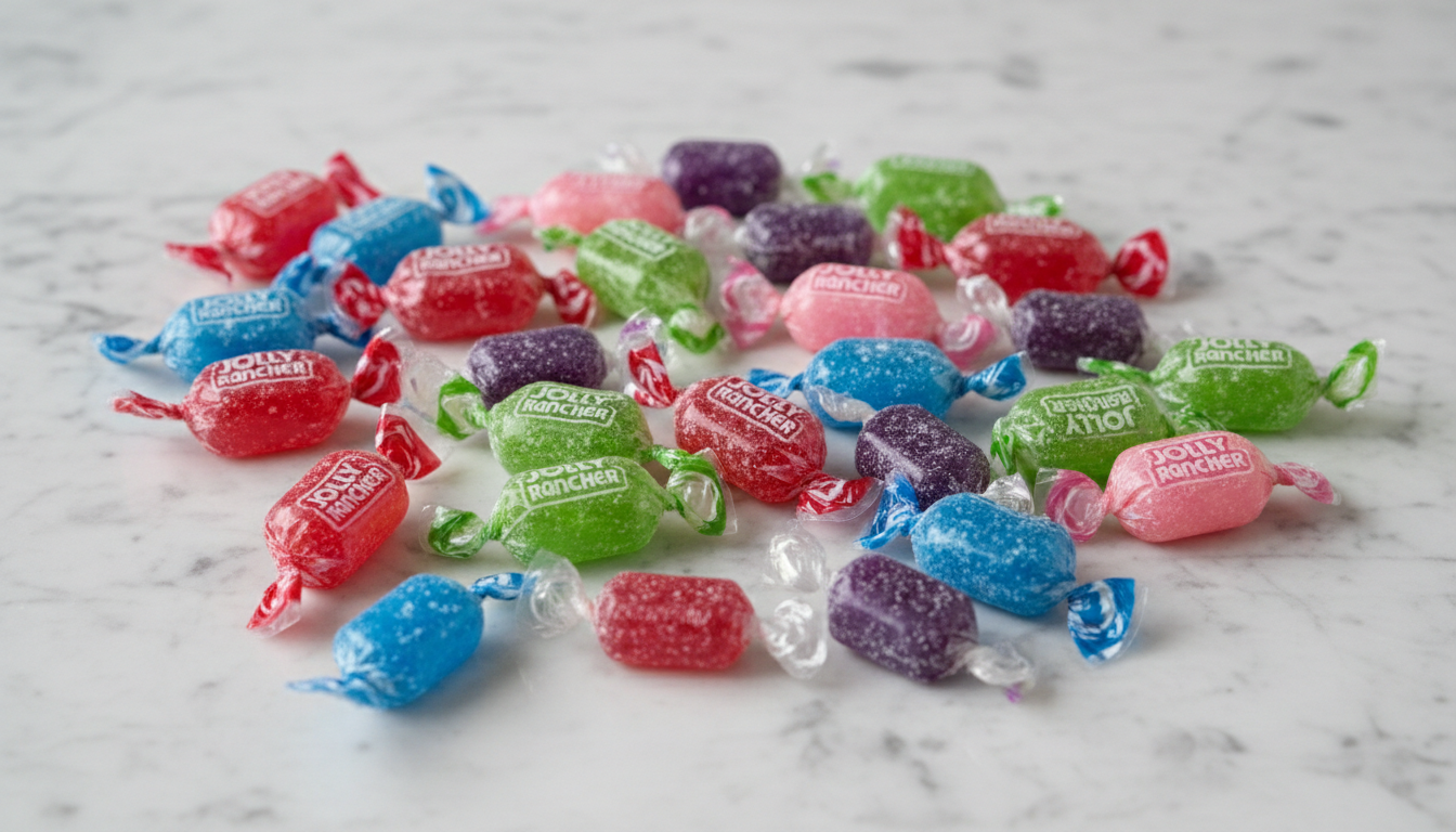 Colorful assorted Jolly Rancher hard candies scattered on white marble