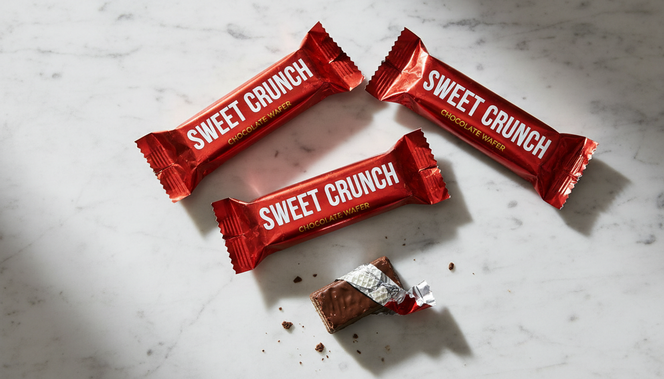 Chocolate wafer candy bars on a white marble countertop