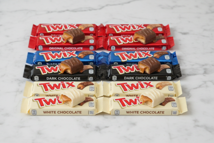 Twix candy bars — original, dark chocolate, and white chocolate varieties on a white marble surface